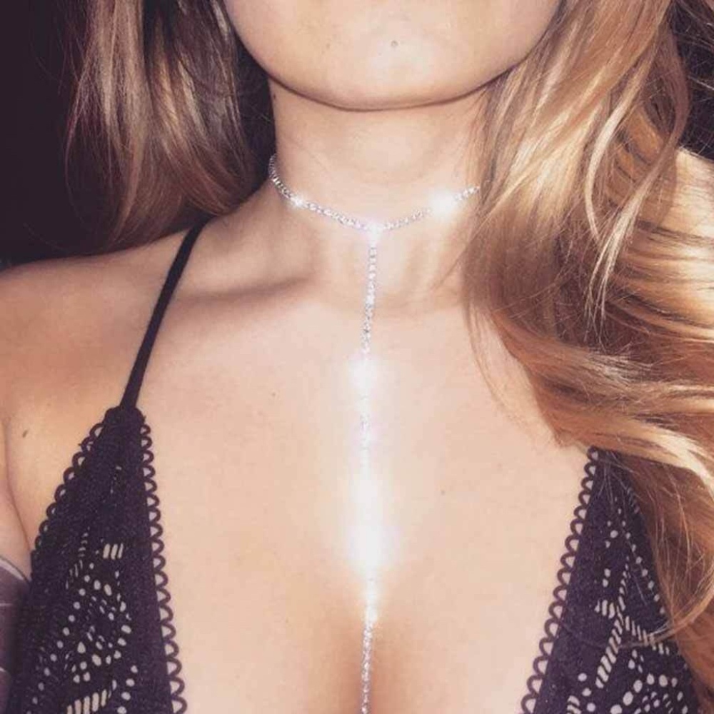 Womens Crystal Choker Long Necklace in Silver